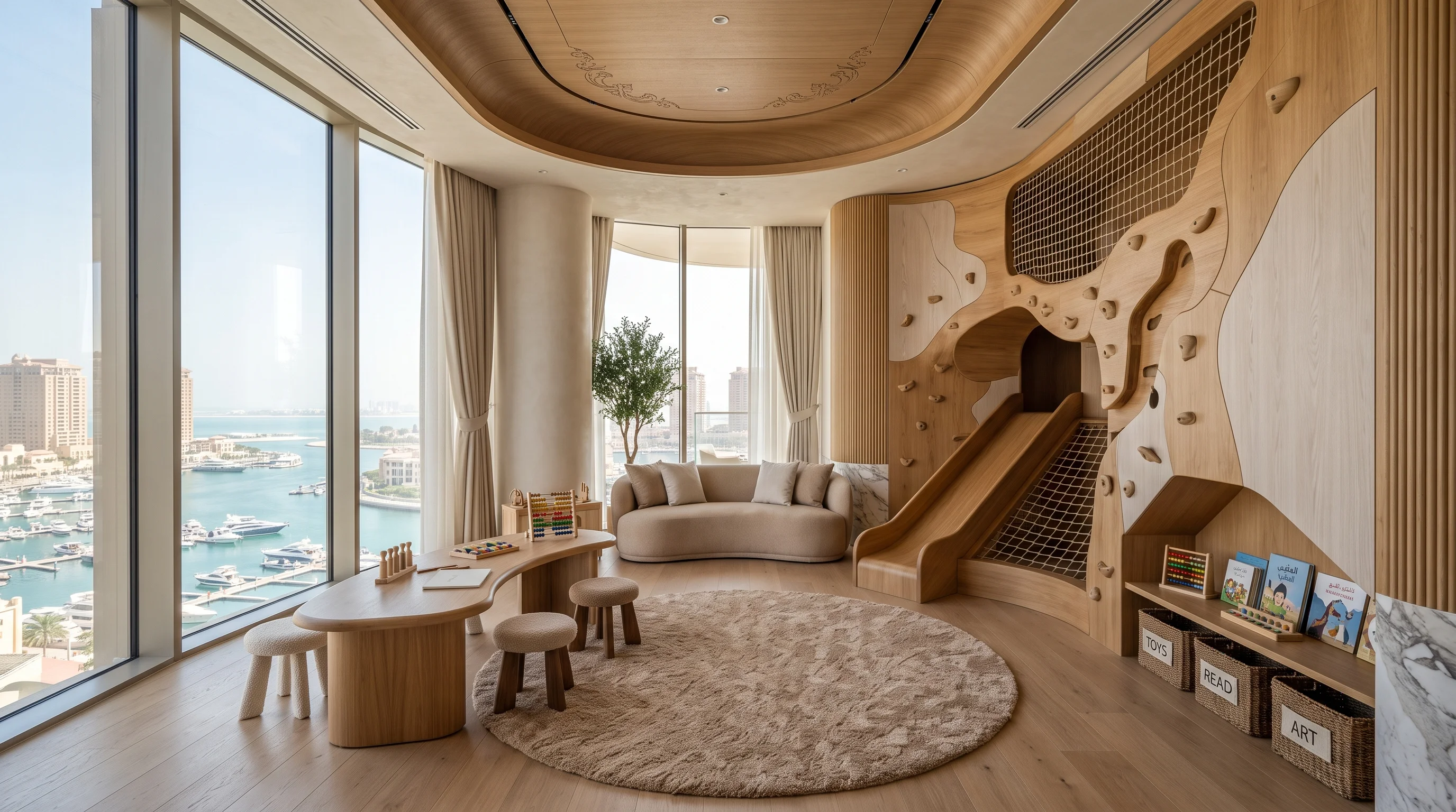 Coastal modern nursery suite overlooking The Pearl-Qatar marina